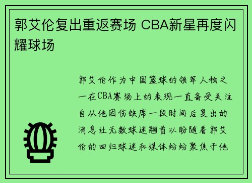 郭艾伦复出重返赛场 CBA新星再度闪耀球场