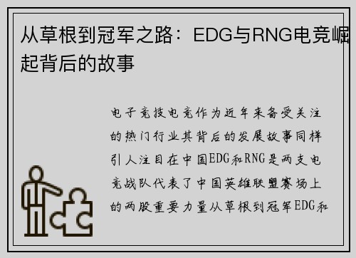 从草根到冠军之路：EDG与RNG电竞崛起背后的故事